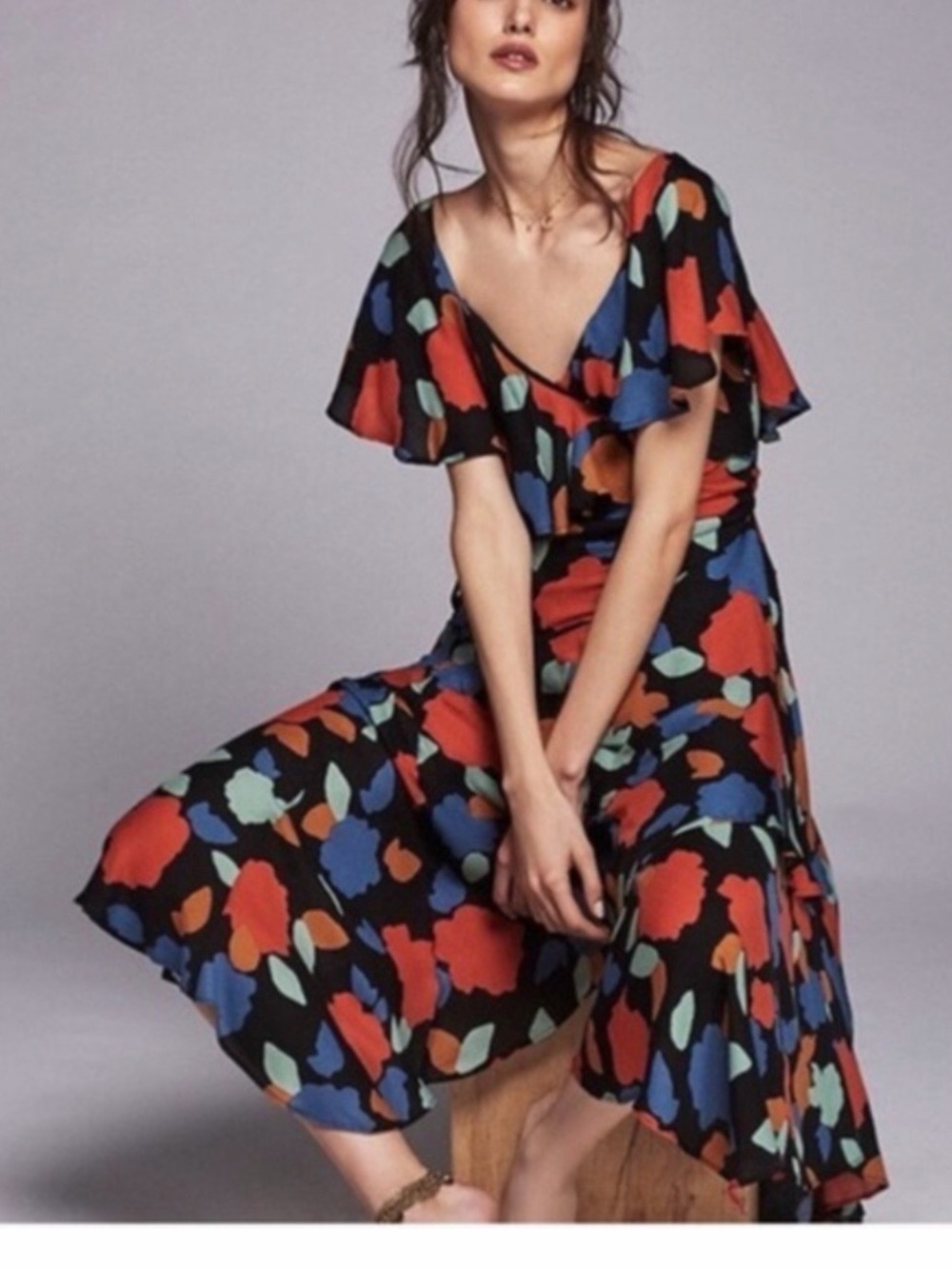 Free People Faye wrap black floral Dress with Red and Blue Accents